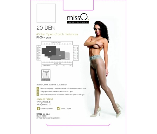 MissO P105 Grey Tights with Open Gusset, S/M, Shiny Finish