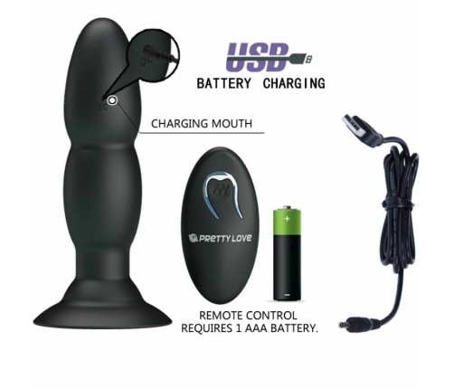 Pretty Love Anal Plug with Remote Control, Vibration & Rotation, Black