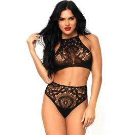 Leg Avenue 2-Piece Black Lace Set S/M - Halter Crop Top & High Waist Thong