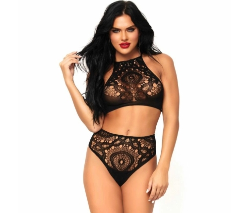 Leg Avenue 2-Piece Black Lace Set S/M - Halter Crop Top & High Waist Thong