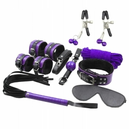 Secret Play Bondage Kit 8-Piece Black & Purple Synthetic Leather Set Secret Play Bondage Kit 8-Piece Black & Purple Synthetic Leather Set