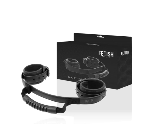 Fetish Submissive Vegan Leather Handcuffs with Handle, Adjustable, Black