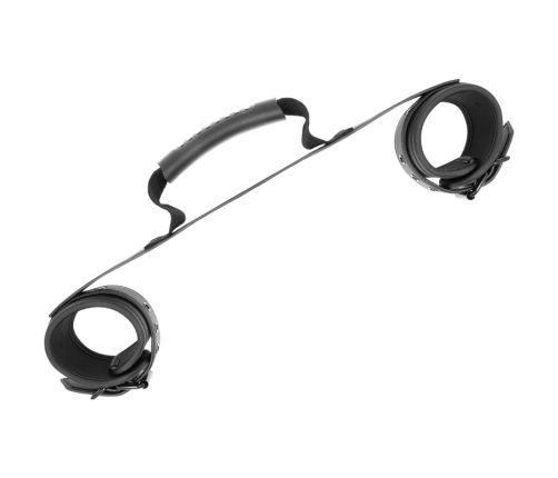 Fetish Submissive Vegan Leather Handcuffs with Handle, Adjustable, Black