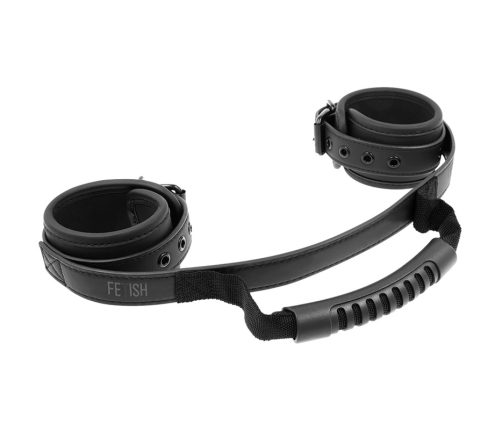 Fetish Submissive Vegan Leather Handcuffs with Handle, Adjustable, Black
