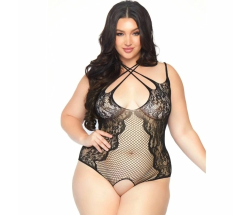 Leg Avenue 1X-2X Black Lace Net Bodysuit with Halter Straps
