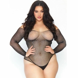 Leg Avenue Crystalized Black Fishnet Bodystocking 1X-2X, Long Sleeve