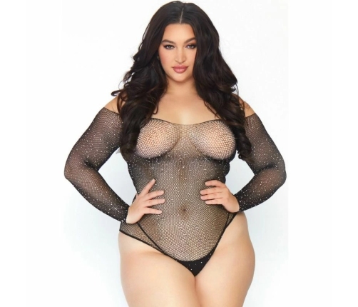 Leg Avenue Crystalized Black Fishnet Bodystocking 1X-2X, Long Sleeve