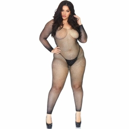 Leg Avenue Bodystocking Black 1X-2X Seamless Fishnet with Crystals