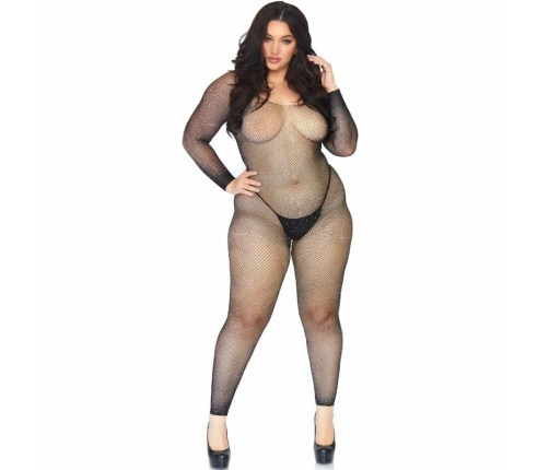 Leg Avenue Bodystocking Black 1X-2X Seamless Fishnet with Crystals
