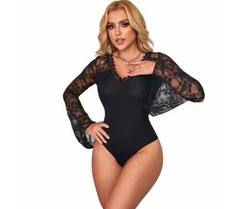 Subblime Teddy Floral Pattern Black Long Sleeve S/M - Elegant Lace Bodysuit