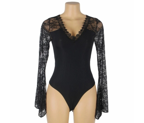 Subblime Teddy L/XL - Black Floral Lace Long Sleeve Bodysuit