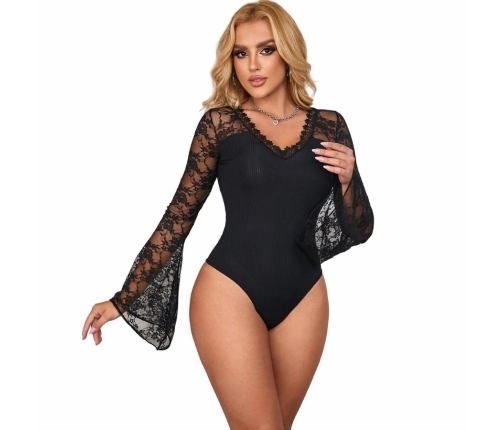 Subblime Teddy L/XL - Black Floral Lace Long Sleeve Bodysuit