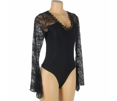 Subblime Teddy L/XL - Black Floral Lace Long Sleeve Bodysuit