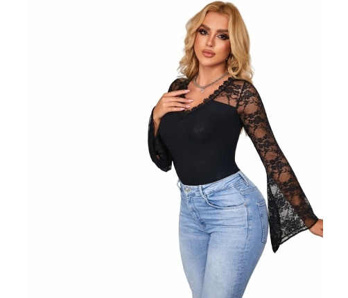 Subblime Teddy L/XL - Black Floral Lace Long Sleeve Bodysuit