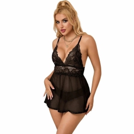 Subblime Babydoll L/XL Black - Floral Lace Lingerie Set with Thong