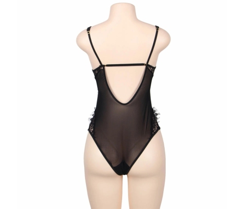 Subblime Queen Plus Black Floral Lace & Fringe Teddy - Elegant Lingerie