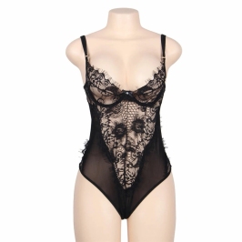 Subblime Queen Plus Black Floral Lace & Fringe Teddy - Elegant Lingerie