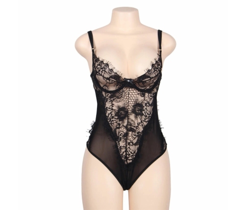 Subblime Queen Plus Black Floral Lace & Fringe Teddy - Elegant Lingerie