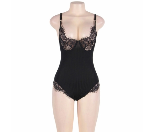 Subblime Queen Plus Black Teddy with Sheer Panels and Fringed Edges