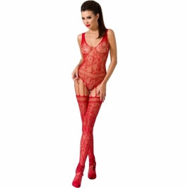 Passion BS051 Red Bodystocking - Floral Pattern, One Size, Polyamide Blend