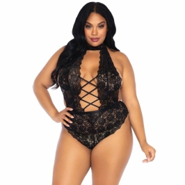 Leg Avenue Plus Size Floral Lace Bodysuit, Black, Open Design