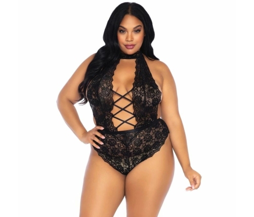 Leg Avenue Plus Size Floral Lace Bodysuit, Black, Open Design