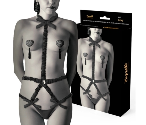 Coquette Chic Desire Elastic Harness Set with Nipple Covers Black