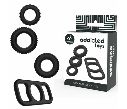 Addicted Toys Silicone Ring Set 4 Sizes Flexible Body-Safe Black