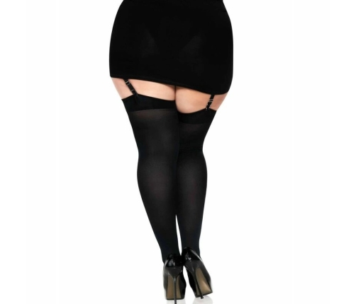 LEG AVENUE - BLACK NYLON THIGH HIGHS WITH BLACK BOW PLUS SIZE
