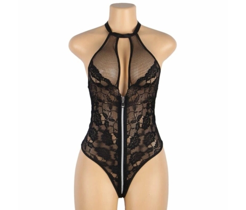 Subblime Floral Lace Teddy L/XL - Zipper Halter, Elegant Black Bodysuit