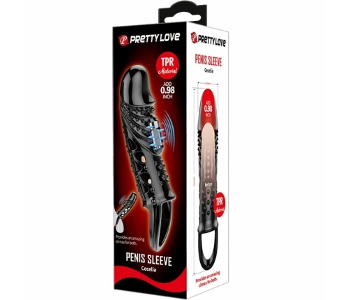 Pretty Love Cecelia Black Extension Sleeve with Vibrating Tip, TPR, Adjustable