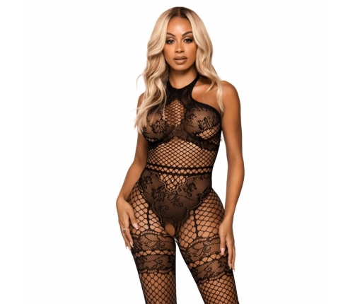 Leg Avenue Bodystocking Black One Size - Industrial Net & Lace Detail