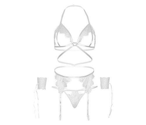 Leg Avenue Four-Piece Lace Set with Garter Belt & Wrist Cuffs, White, One Size