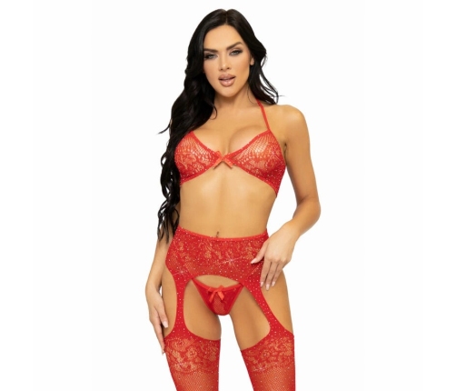 Leg Avenue Three-Piece Lace Lingerie Set with Rhinestones Red One Size