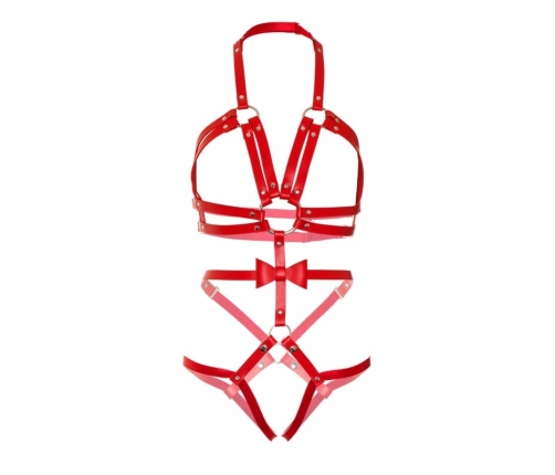 Leg Avenue Kink Harness Teddy Vegan Leather Red S - Adjustable O-Ring Style