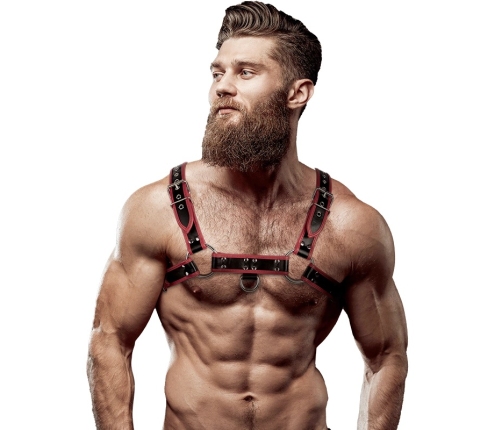Fetish Submissive Attitude Men's Chest Harness Eco-Leather Black/Red Adjustable