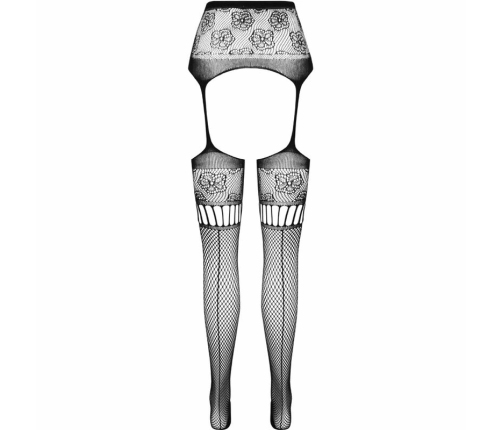 PASSION S030 Black Tights with Garter Design, One Size, Durable Material