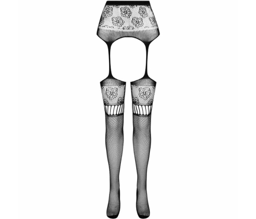 PASSION S030 Black Tights with Garter Design, One Size, Durable Material