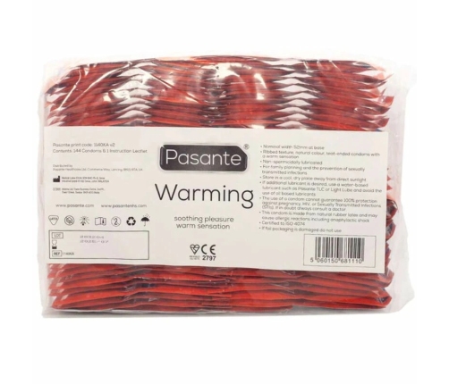 Pasante Calor Warming Effect Latex Condoms 52mm 144-Pack Transparent Ribbed