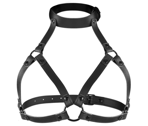 Fetish Submissive Adjustable Vegan Leather Chest & Neck Harness, Black