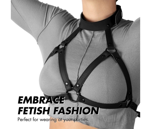 Fetish Submissive Adjustable Vegan Leather Chest & Neck Harness, Black