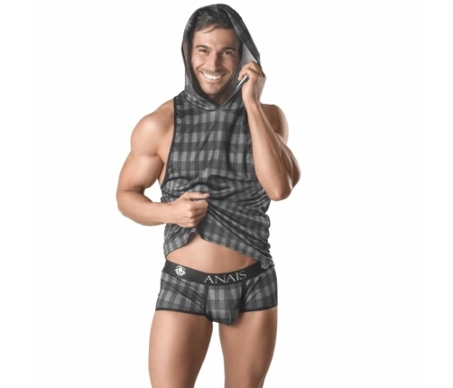 Anais Men Aegis Hooded T-Shirt M Grey Checked Pattern, Fitted Style