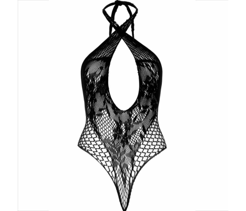 Leg Avenue Halter Teddy with Lace and Net Design Black One Size