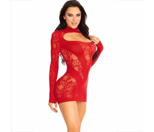 Leg Avenue Mini Dress Red - Lace Long Sleeve, One Size
