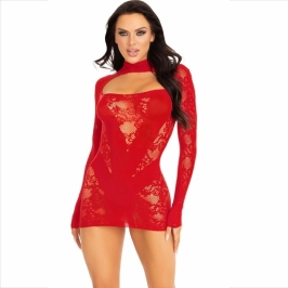 Leg Avenue Mini Dress Red - Lace Long Sleeve, One Size