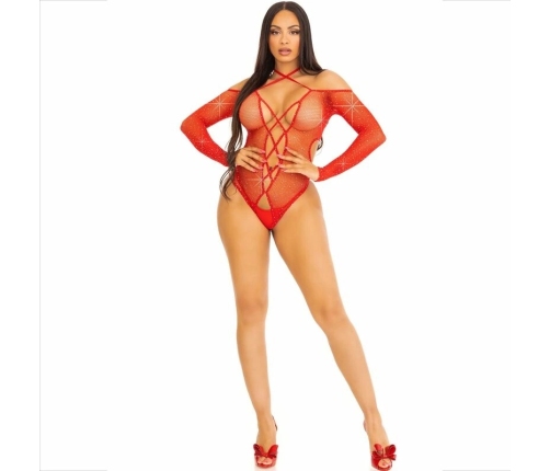 Leg Avenue Bodysuit Red Gloss Rhinestone Fishnet One Size