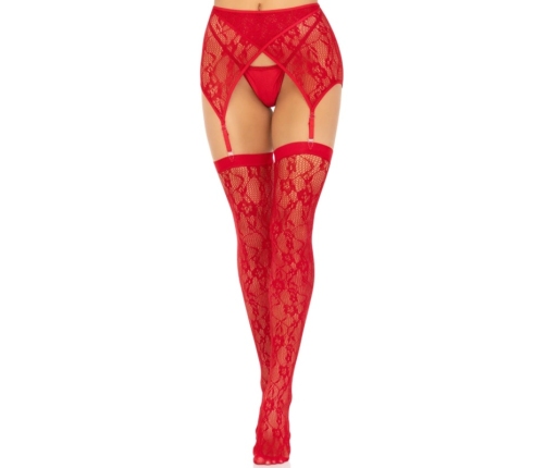 Leg Avenue Lace Thigh-Highs & Garter Belt Red-Black One Size