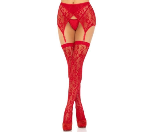 Leg Avenue Lace Thigh-Highs & Garter Belt Red-Black One Size