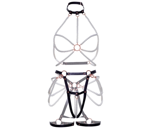 Leg Avenue Harness Bra & Pearl Garter Set L - Vegan Leather, Rose Gold Accents