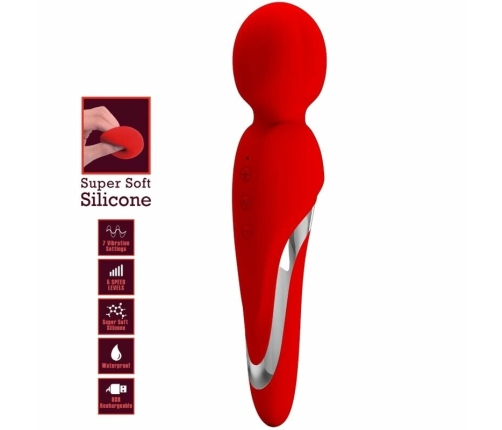 Pretty Love Walter Vibrating Wand Red - 7 Modes, Silicone, USB Rechargeable